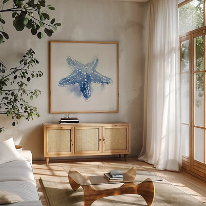 Seaside VI by Beth Grove. Shown in a natural wood frame in a cozy modern living room. Available as an archival giclee rolled canvas, fine art paper, or poster print. SKU 78689a.