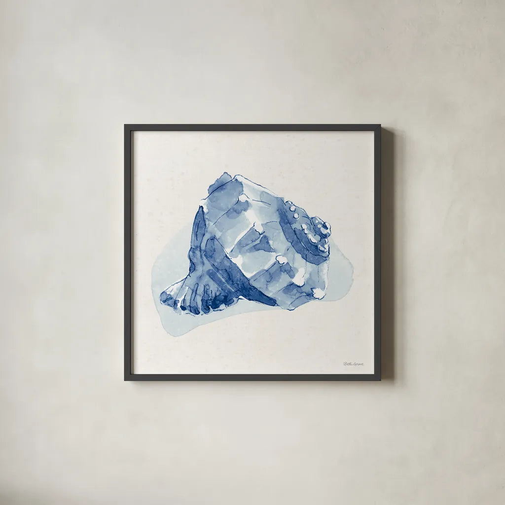 Seaside X Blue by Beth Grove. Shown in a sleek black glass frame for a contemporary gallery look. Available as an archival giclee rolled canvas, fine art paper, or poster print. SKU 80478a.