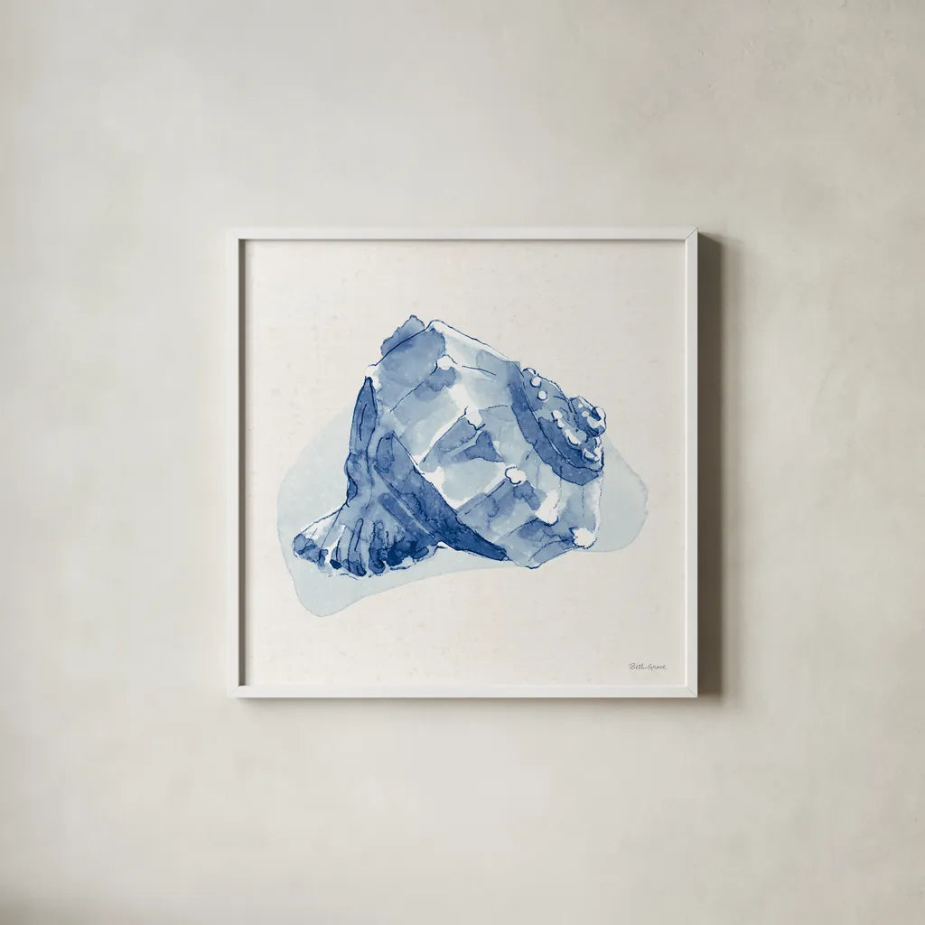 Seaside X Blue by Beth Grove. Shown in a crisp white glass frame for a clean and minimalist style. Available as an archival giclee rolled canvas, fine art paper, or poster print. SKU 80478a.