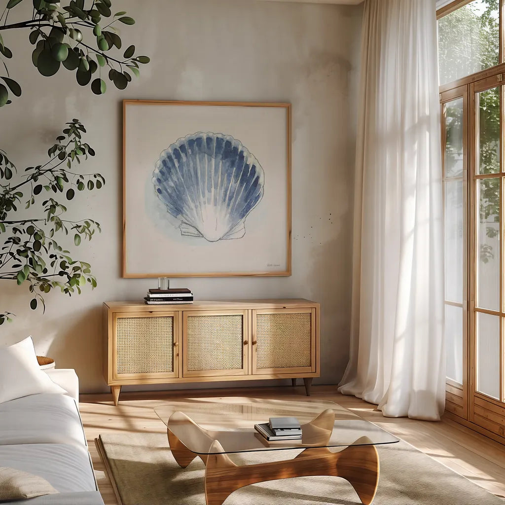 Seaside XI by Beth Grove. Shown in a natural wood frame in a cozy modern living room. Available as an archival giclee rolled canvas, fine art paper, or poster print. SKU 78694a.