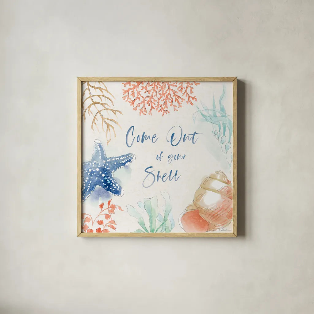 Seaside XII by Beth Grove. Shown in a natural wood glass frame for a timeless modern aesthetic. Available as an archival giclee rolled canvas, fine art paper, or poster print. SKU 78695a.