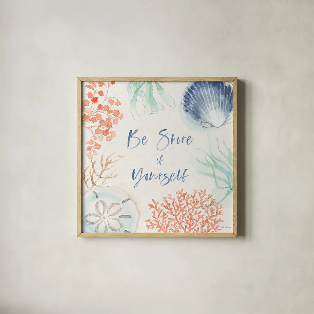 Seaside XIII by Beth Grove. Shown in a natural wood glass frame for a timeless modern aesthetic. Available as an archival giclee rolled canvas, fine art paper, or poster print. SKU 78696a.