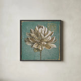 Seed Pod I no Words Turquoise by Beth Grove. Shown in a sleek black glass frame for a contemporary gallery look. Available as an archival giclee rolled canvas, fine art paper, or poster print. SKU 23589a.