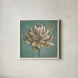 Seed Pod I no Words Turquoise by Beth Grove. Shown in a crisp white glass frame for a clean and minimalist style. Available as an archival giclee rolled canvas, fine art paper, or poster print. SKU 23589a.