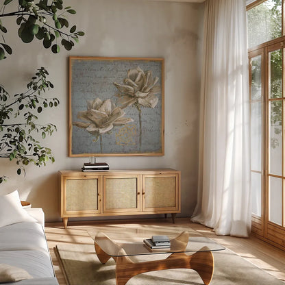 Seed Pod II by Beth Grove. Shown in a natural wood frame in a cozy modern living room. Available as an archival giclee rolled canvas, fine art paper, or poster print. SKU 22483a.