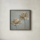 Seed Pod II no Words and Stamp Gold by Beth Grove. Shown in a sleek black glass frame for a contemporary gallery look. Available as an archival giclee rolled canvas, fine art paper, or poster print. SKU 23006a.