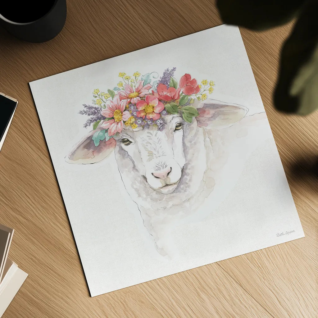 Sheep Portrait by Beth Grove. Shown as a detailed flat fine art print, highlighting archival giclee quality. Available as an archival giclee rolled canvas, fine art paper, or poster print. SKU 96720a.