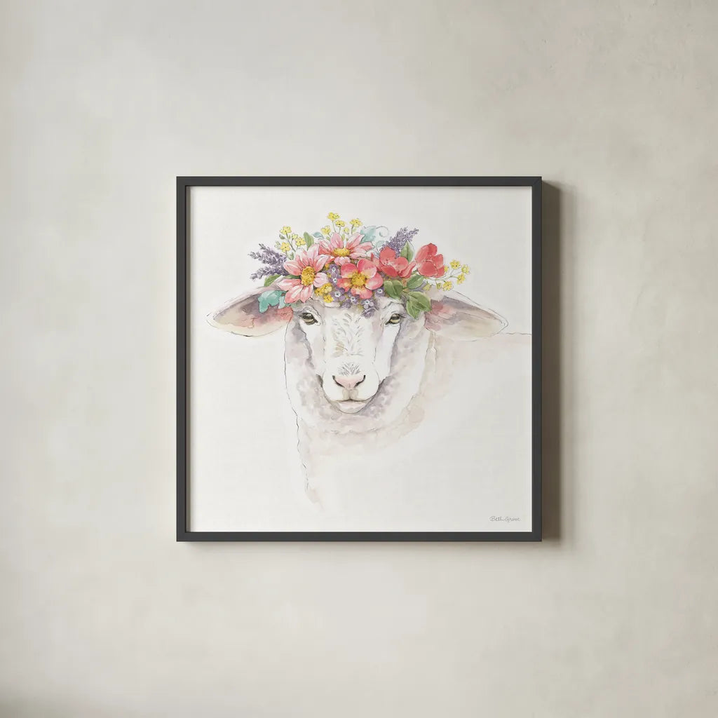 Sheep Portrait by Beth Grove. Shown in a sleek black glass frame for a contemporary gallery look. Available as an archival giclee rolled canvas, fine art paper, or poster print. SKU 96720a.