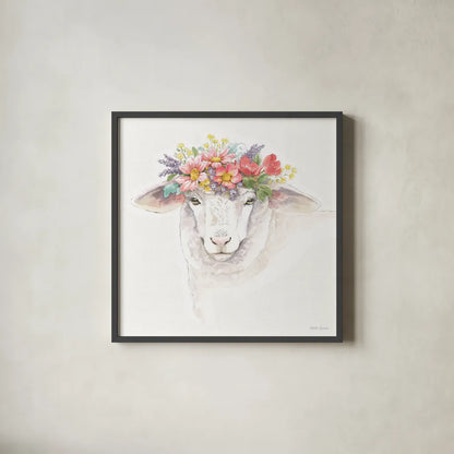 Sheep Portrait by Beth Grove. Shown in a sleek black glass frame for a contemporary gallery look. Available as an archival giclee rolled canvas, fine art paper, or poster print. SKU 96720a.