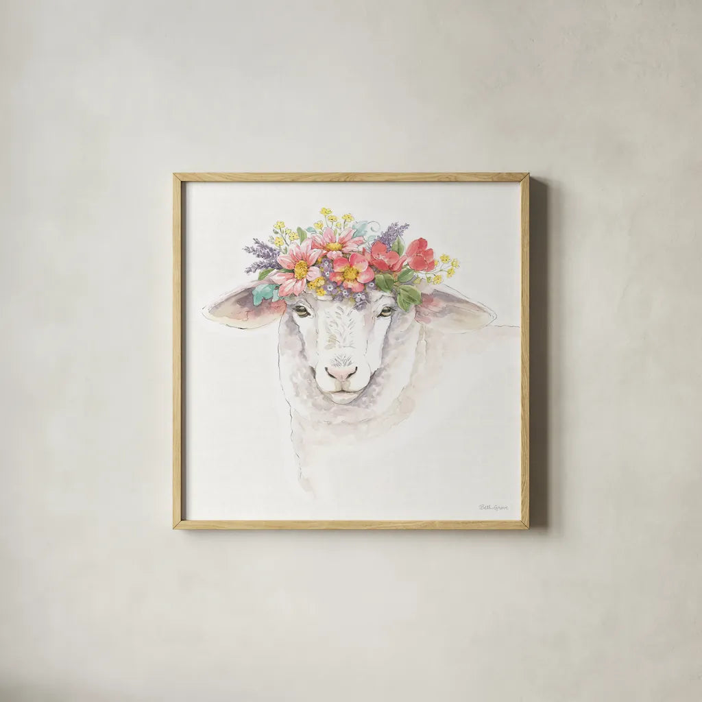 Sheep Portrait by Beth Grove. Shown in a natural wood glass frame for a timeless modern aesthetic. Available as an archival giclee rolled canvas, fine art paper, or poster print. SKU 96720a.