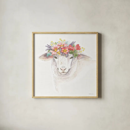 Sheep Portrait by Beth Grove. Shown in a natural wood glass frame for a timeless modern aesthetic. Available as an archival giclee rolled canvas, fine art paper, or poster print. SKU 96720a.