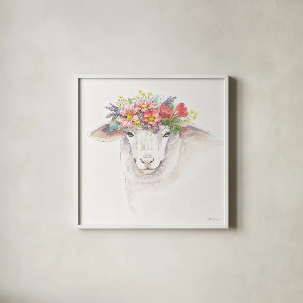 Sheep Portrait by Beth Grove. Shown in a crisp white glass frame for a clean and minimalist style. Available as an archival giclee rolled canvas, fine art paper, or poster print. SKU 96720a.