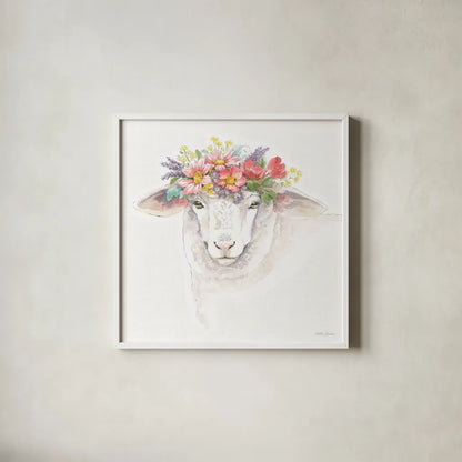 Sheep Portrait by Beth Grove. Shown in a crisp white glass frame for a clean and minimalist style. Available as an archival giclee rolled canvas, fine art paper, or poster print. SKU 96720a.