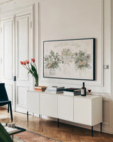 Simple Season I by Beth Grove. shown as a framed stretched canvas in a living room above a console. Available as a archival giclee rolled canvas, fine art paper, or poster print. SKU 77044i.