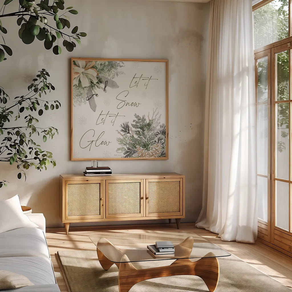 Simple Season IX by Beth Grove. Shown in a natural wood frame in a cozy modern living room. Available as an archival giclee rolled canvas, fine art paper, or poster print. SKU 77052a.