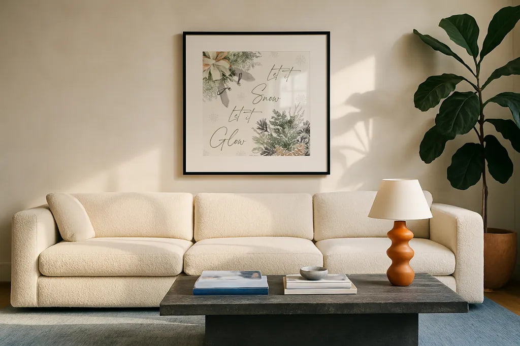 Simple Season IX by Beth Grove. Displayed in a glass frame with matte in a clean modern living room. Available as an archival giclee rolled canvas, fine art paper, or poster print. SKU 77052a.