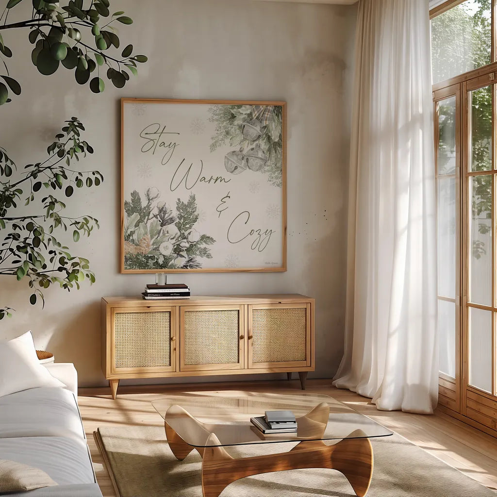 Simple Season VIII by Beth Grove. Shown in a natural wood frame in a cozy modern living room. Available as an archival giclee rolled canvas, fine art paper, or poster print. SKU 77051a.