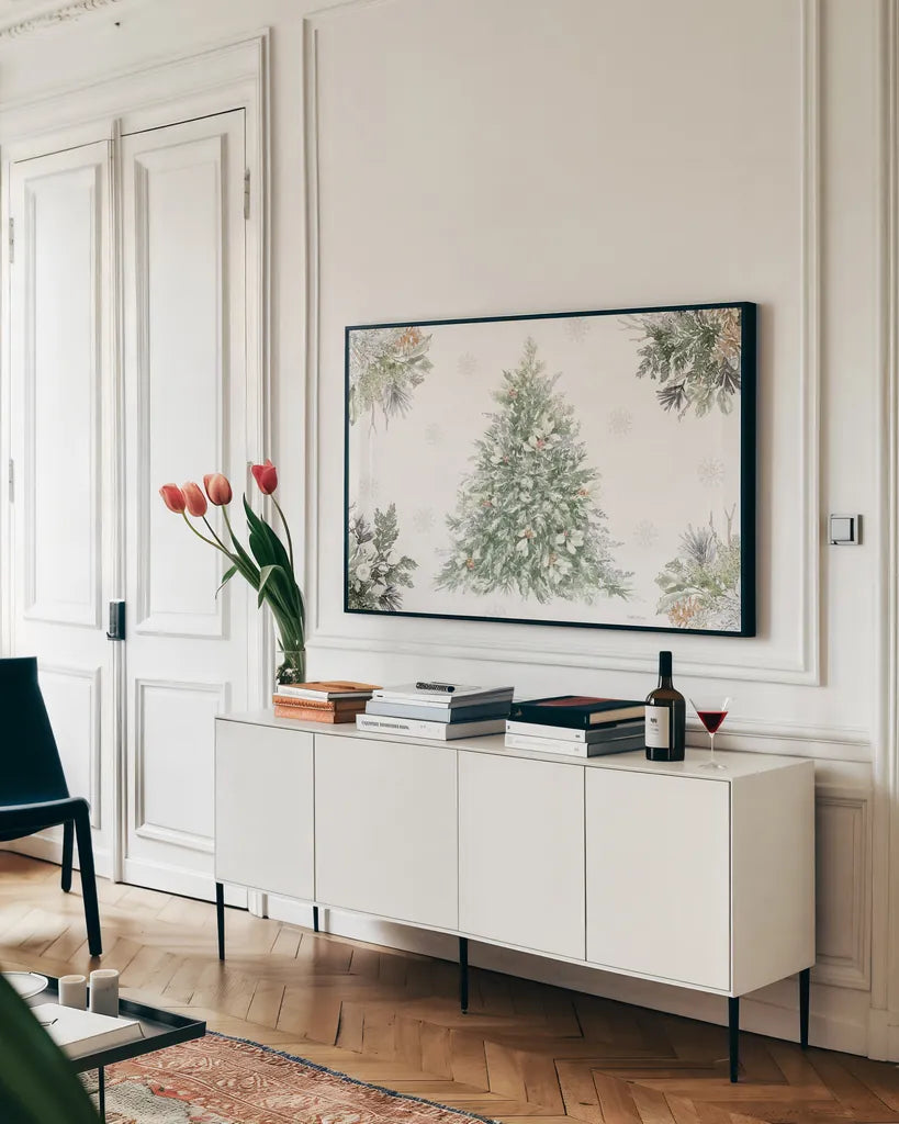 Simple Season XIII by Beth Grove. shown as a framed stretched canvas in a living room above a console. Available as a archival giclee rolled canvas, fine art paper, or poster print. SKU 79565i.