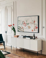 Snow Day I by Beth Grove. shown as a framed stretched canvas in a living room above a console. Available as a archival giclee rolled canvas, fine art paper, or poster print. SKU 84045i.
