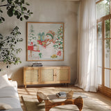 Snow Day IV by Beth Grove. Shown in a natural wood frame in a cozy modern living room. Available as an archival giclee rolled canvas, fine art paper, or poster print. SKU 84048a.