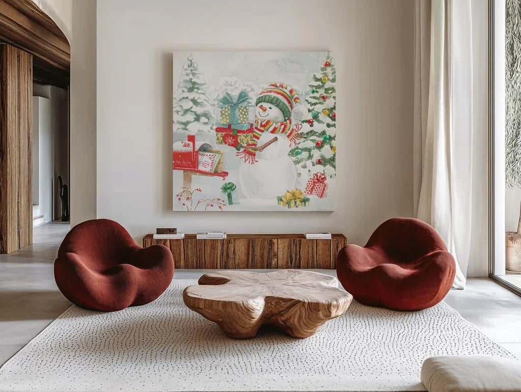 Snow Day IV by Beth Grove. Shown as extra-large giant wall art in a modern living room. Available as an archival giclee rolled canvas, fine art paper, or poster print. SKU 84048a.