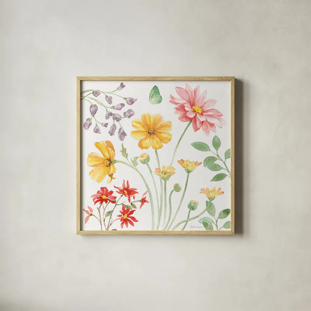 Soft Meadow II by Beth Grove. Shown in a natural wood glass frame for a timeless modern aesthetic. Available as an archival giclee rolled canvas, fine art paper, or poster print. SKU 90197a.