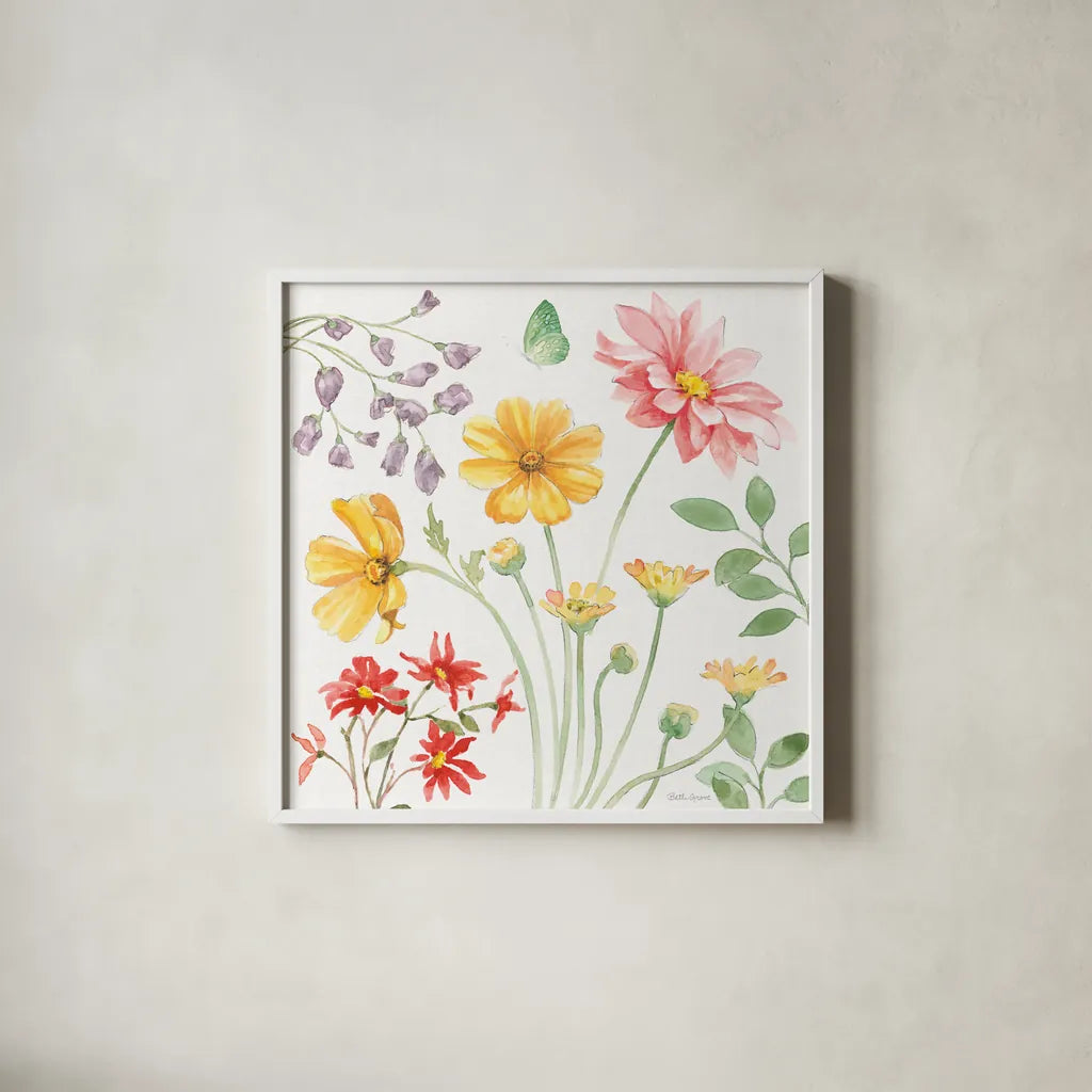 Soft Meadow II by Beth Grove. Shown in a crisp white glass frame for a clean and minimalist style. Available as an archival giclee rolled canvas, fine art paper, or poster print. SKU 90197a.