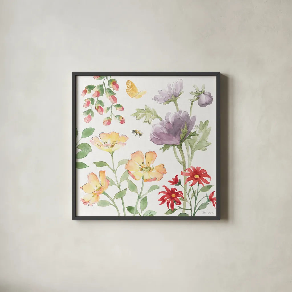 Soft Meadow III by Beth Grove. Shown in a sleek black glass frame for a contemporary gallery look. Available as an archival giclee rolled canvas, fine art paper, or poster print. SKU 90198a.