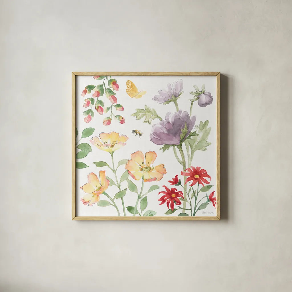 Soft Meadow III by Beth Grove. Shown in a natural wood glass frame for a timeless modern aesthetic. Available as an archival giclee rolled canvas, fine art paper, or poster print. SKU 90198a.