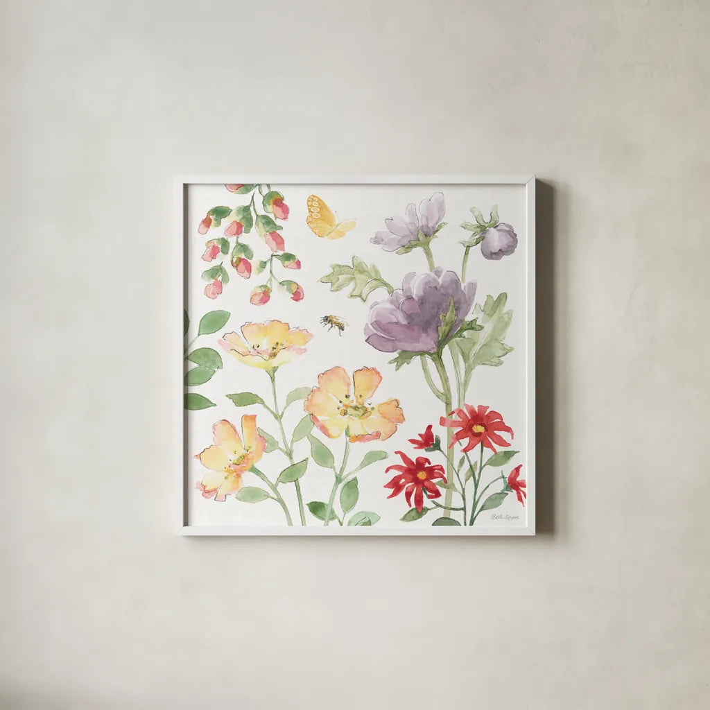 Soft Meadow III by Beth Grove. Shown in a crisp white glass frame for a clean and minimalist style. Available as an archival giclee rolled canvas, fine art paper, or poster print. SKU 90198a.