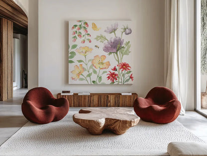 Soft Meadow III by Beth Grove. Shown as extra-large giant wall art in a modern living room. Available as an archival giclee rolled canvas, fine art paper, or poster print. SKU 90198a.