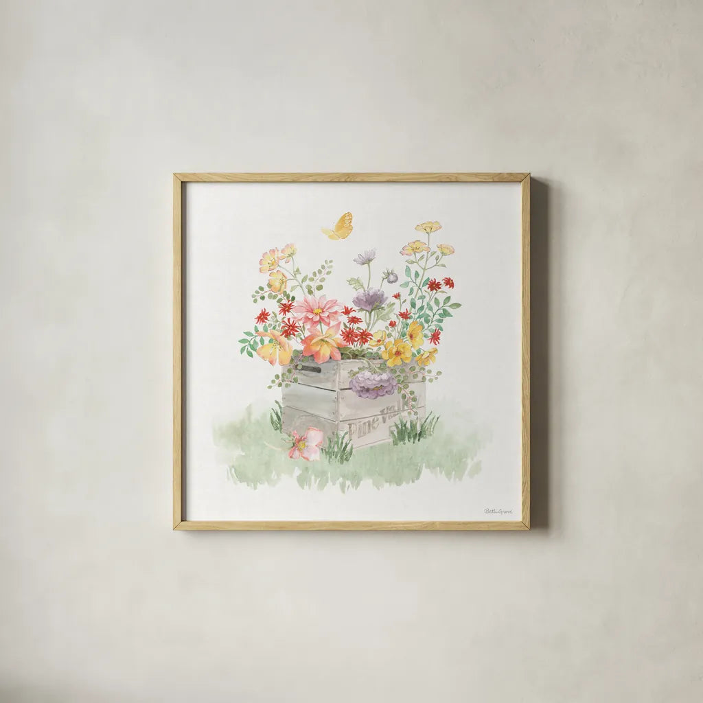 Soft Meadow IX by Beth Grove. Shown in a natural wood glass frame for a timeless modern aesthetic. Available as an archival giclee rolled canvas, fine art paper, or poster print. SKU 90204a.