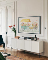 Soft Meadow VI by Beth Grove. shown as a framed stretched canvas in a living room above a console. Available as a archival giclee rolled canvas, fine art paper, or poster print. SKU 90201i.