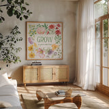 Soft Meadow XI by Beth Grove. Shown in a natural wood frame in a cozy modern living room. Available as an archival giclee rolled canvas, fine art paper, or poster print. SKU 90206a.