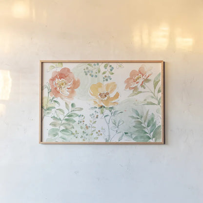 Soft Petals I by Beth Grove. shown as a paper print in a natural frame. Available as a archival giclee rolled canvas, fine art paper, or poster print. SKU 87551i.