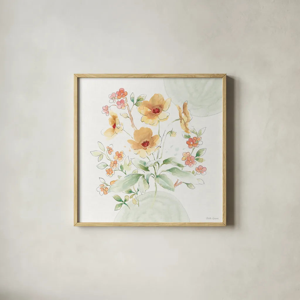 Soft Petals III by Beth Grove. Shown in a natural wood glass frame for a timeless modern aesthetic. Available as an archival giclee rolled canvas, fine art paper, or poster print. SKU 87553a.