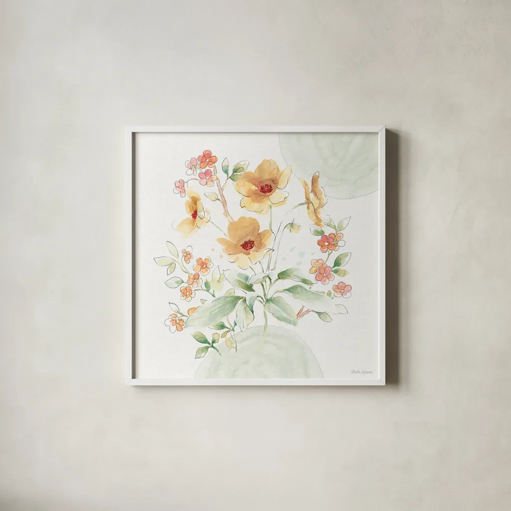 Soft Petals III by Beth Grove. Shown in a crisp white glass frame for a clean and minimalist style. Available as an archival giclee rolled canvas, fine art paper, or poster print. SKU 87553a.