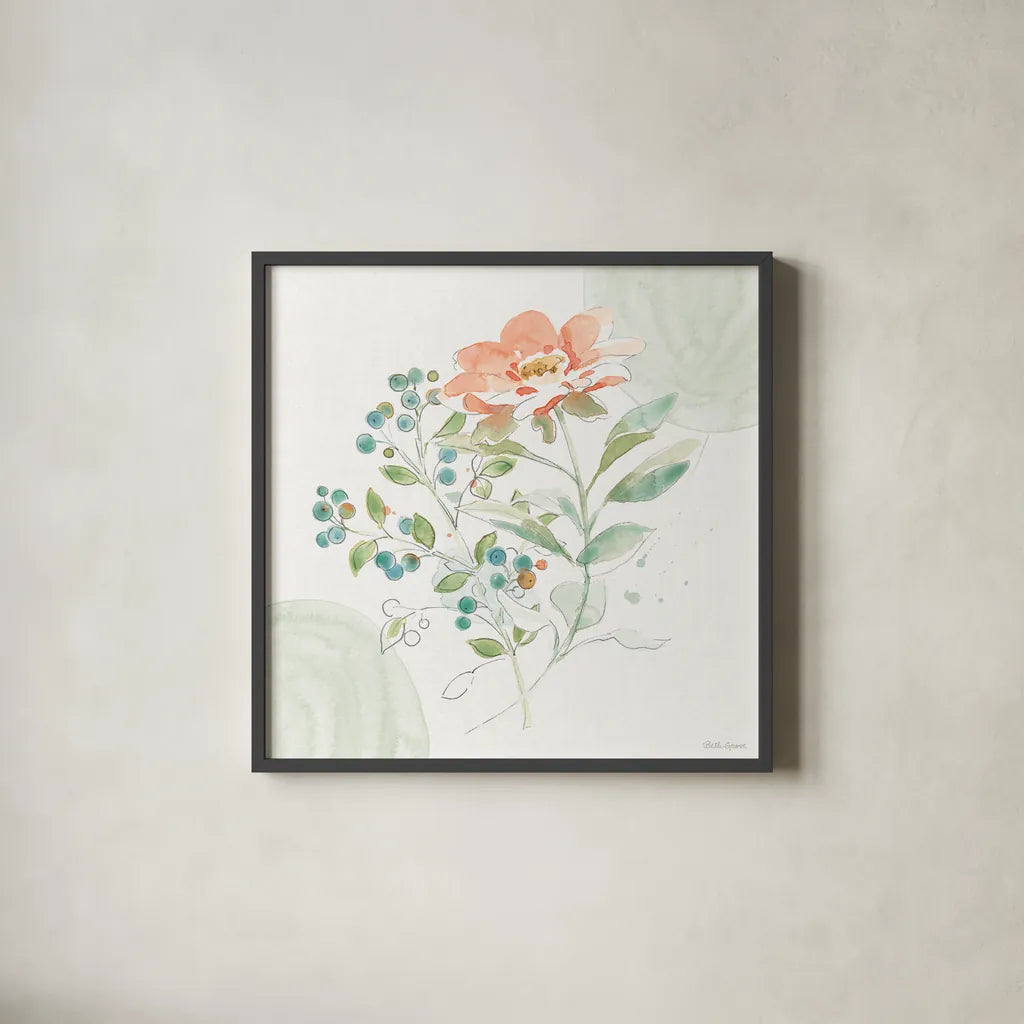 Soft Petals V by Beth Grove. Shown in a sleek black glass frame for a contemporary gallery look. Available as an archival giclee rolled canvas, fine art paper, or poster print. SKU 87555a.