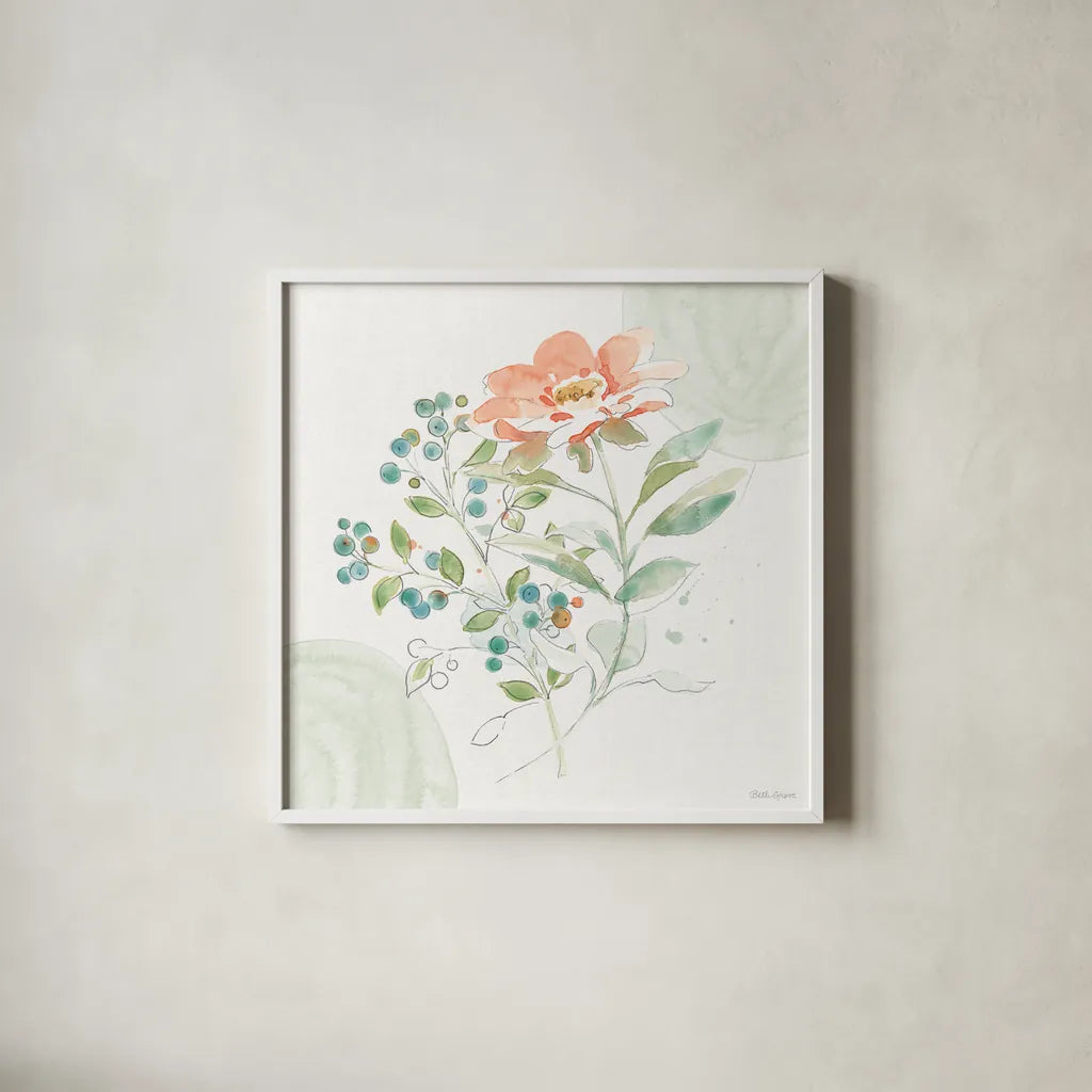 Soft Petals V by Beth Grove. Shown in a crisp white glass frame for a clean and minimalist style. Available as an archival giclee rolled canvas, fine art paper, or poster print. SKU 87555a.