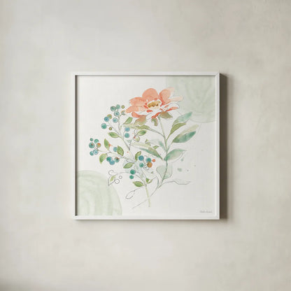 Soft Petals V by Beth Grove. Shown in a crisp white glass frame for a clean and minimalist style. Available as an archival giclee rolled canvas, fine art paper, or poster print. SKU 87555a.