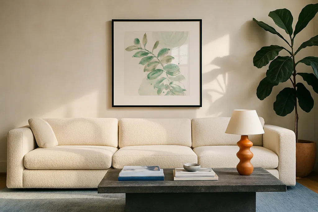 Soft Petals VII by Beth Grove. Displayed in a glass frame with matte in a clean modern living room. Available as an archival giclee rolled canvas, fine art paper, or poster print. SKU 87557a.