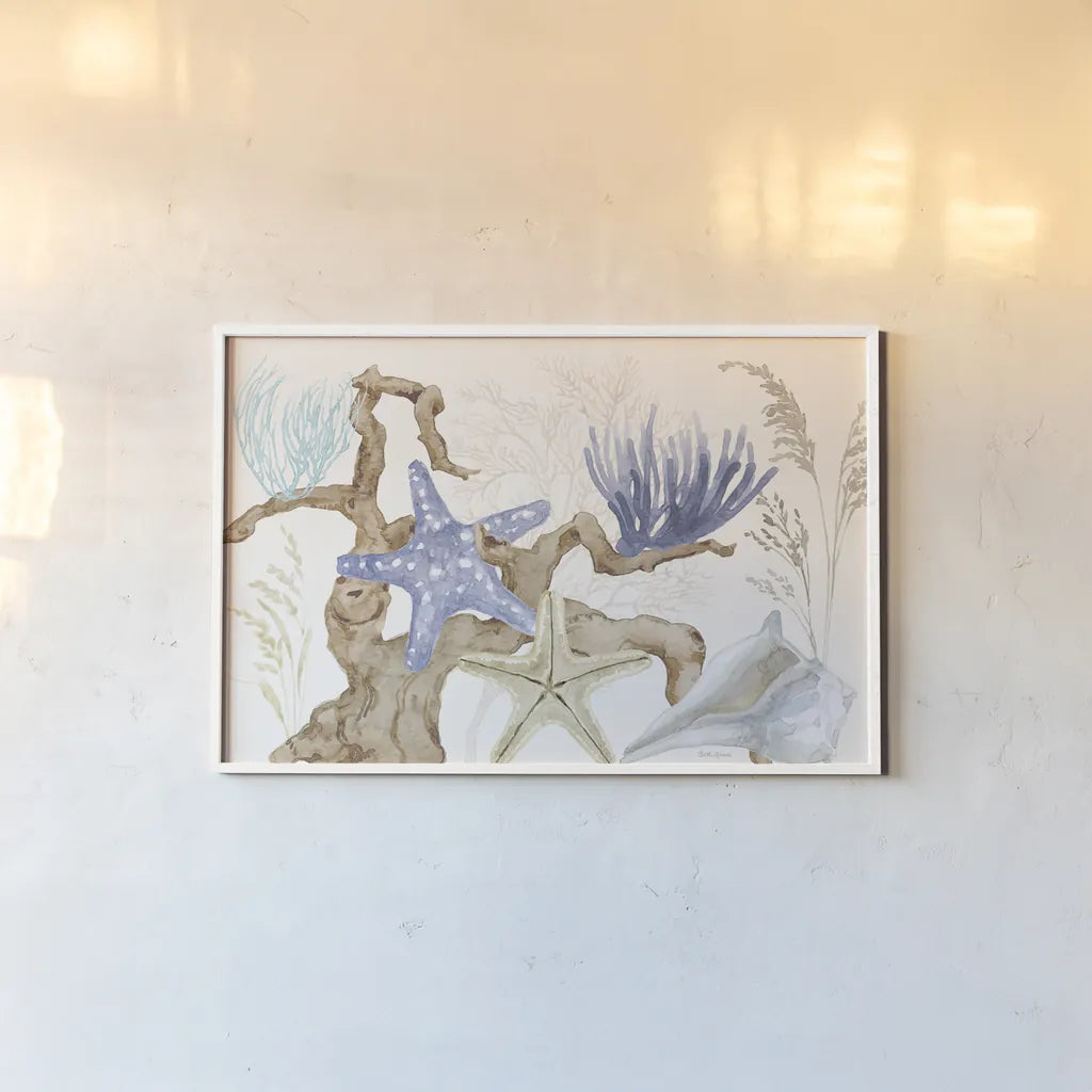 Soft Shores I by Beth Grove. shown as a paper print in a white frame. Available as a archival giclee rolled canvas, fine art paper, or poster print. SKU 72852i.