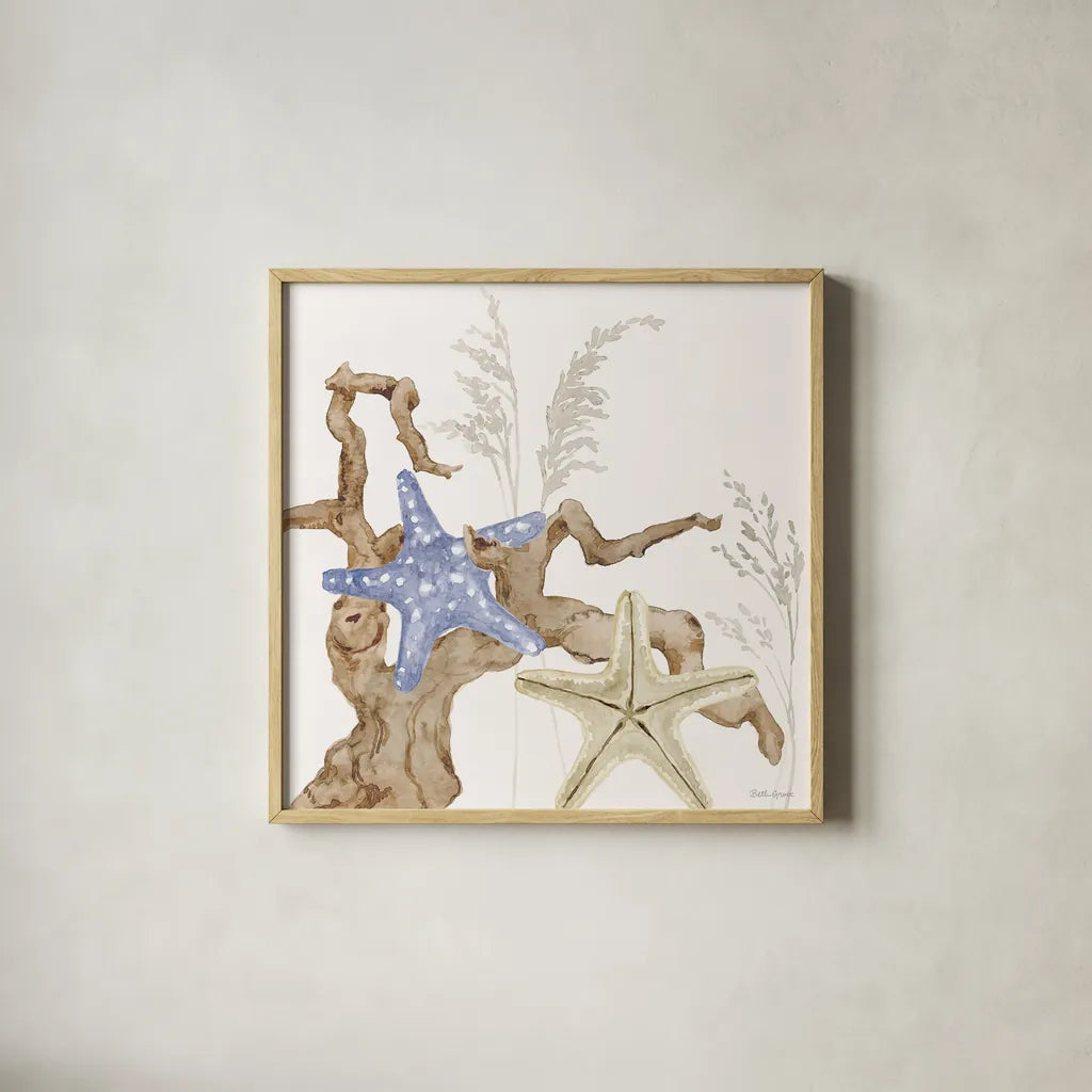 Soft Shores II by Beth Grove. Shown in a natural wood glass frame for a timeless modern aesthetic. Available as an archival giclee rolled canvas, fine art paper, or poster print. SKU 72853a.