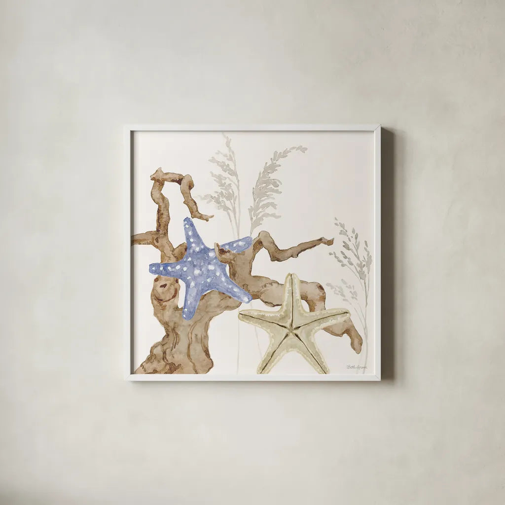 Soft Shores II by Beth Grove. Shown in a crisp white glass frame for a clean and minimalist style. Available as an archival giclee rolled canvas, fine art paper, or poster print. SKU 72853a.