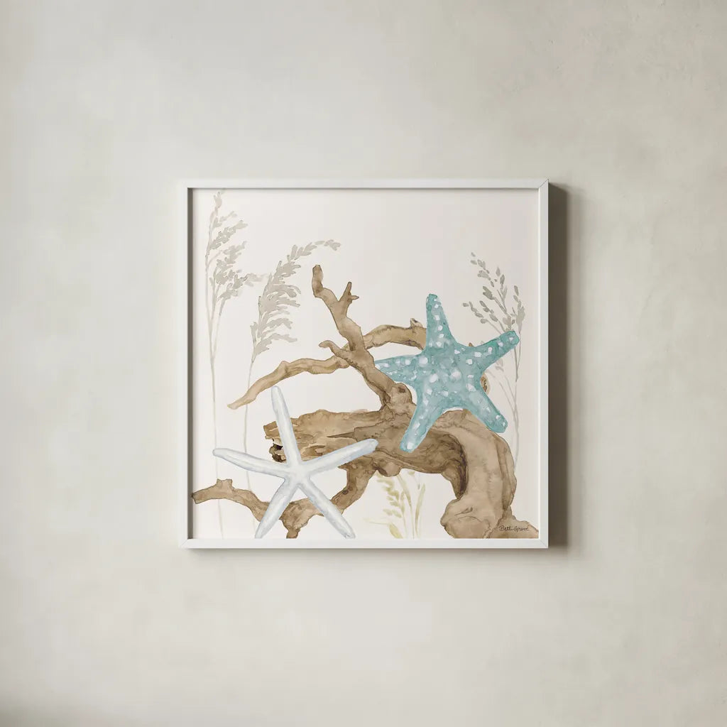 Soft Shores III by Beth Grove. Shown in a crisp white glass frame for a clean and minimalist style. Available as an archival giclee rolled canvas, fine art paper, or poster print. SKU 72854a.