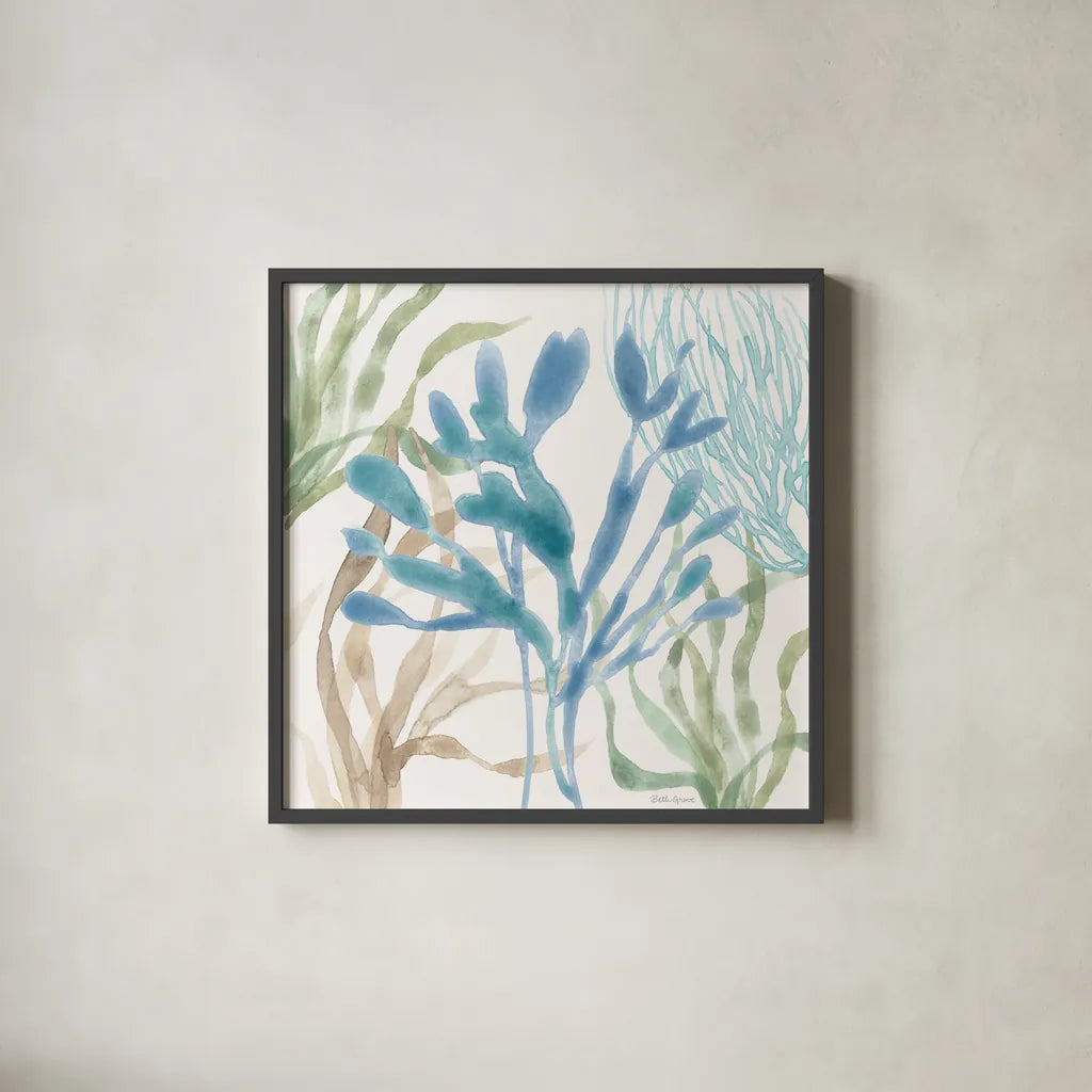 Soft Shores IX by Beth Grove. Shown in a sleek black glass frame for a contemporary gallery look. Available as an archival giclee rolled canvas, fine art paper, or poster print. SKU 72860a.
