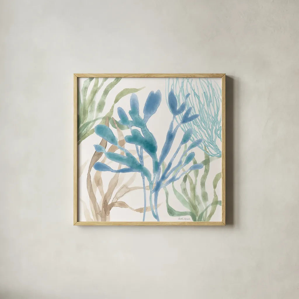 Soft Shores IX by Beth Grove. Shown in a natural wood glass frame for a timeless modern aesthetic. Available as an archival giclee rolled canvas, fine art paper, or poster print. SKU 72860a.