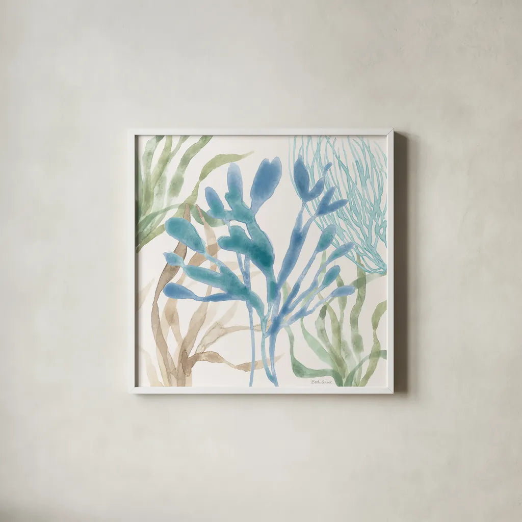 Soft Shores IX by Beth Grove. Shown in a crisp white glass frame for a clean and minimalist style. Available as an archival giclee rolled canvas, fine art paper, or poster print. SKU 72860a.