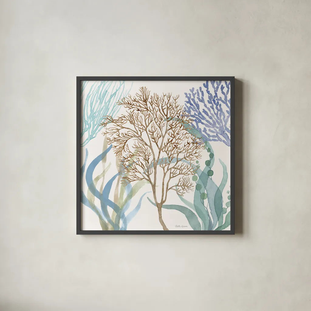 Soft Shores VII by Beth Grove. Shown in a sleek black glass frame for a contemporary gallery look. Available as an archival giclee rolled canvas, fine art paper, or poster print. SKU 72858a.