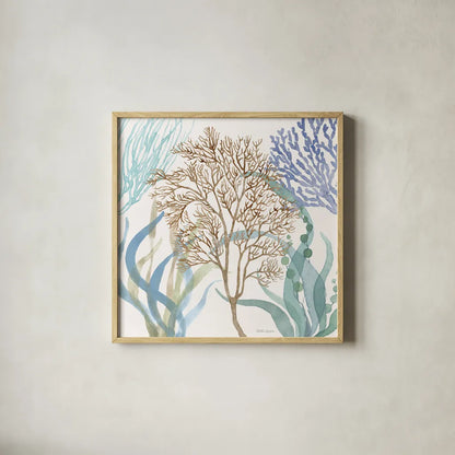 Soft Shores VII by Beth Grove. Shown in a natural wood glass frame for a timeless modern aesthetic. Available as an archival giclee rolled canvas, fine art paper, or poster print. SKU 72858a.